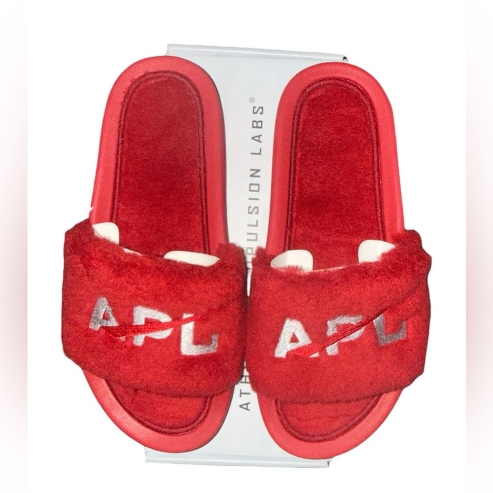APL Women’s Shearling Slides Red Silver Logo Sandals Size 6